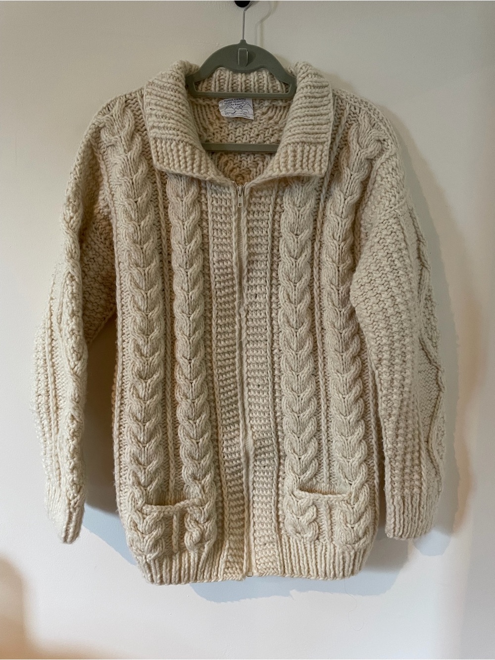 Unisex Cream Cable Knit Zip-Front Sweater Made in Peru Alpaca Fisherman Style